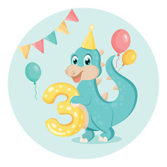 Cute baby dinosaur. Birthday invitation. three years, three months. Happy birthday greeting card.