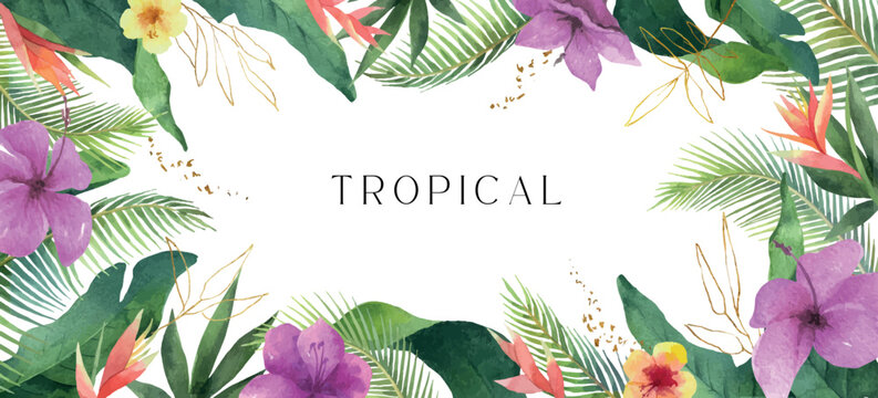 Watercolor vector background with exotic flowers and tropical leaves