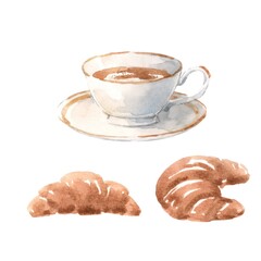 Beautiful set with watercolor hand drawn cup of coffee or tea and croissants. Stock clip art illustrations