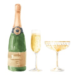 Beautiful set with watercolor hand drawn bottle of champagne and glasses. Stock clip art illustrations - 519970425