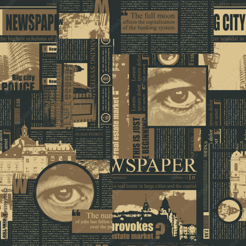 Poster seamless pattern with magazine and newspaper fragments. abstract vector background with illegible te