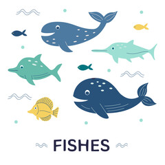 Cute ocean fish, whale, dolphin, shark and others. Set of sea animals. Underwater world of wild nature. Vector illustration