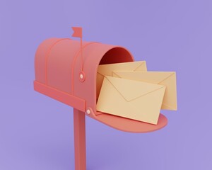 3d mailbox with letters. Open red postbox. 3D rendering
