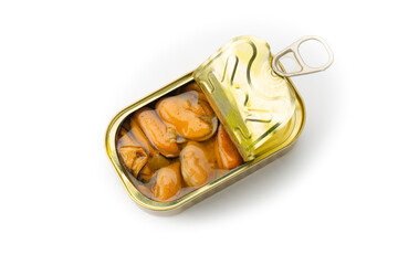Tin of canned mussels with sauce