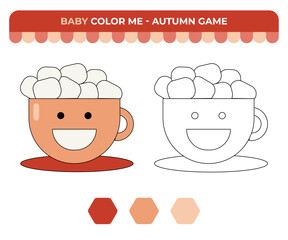 Coloring book for children, hot cocoa with smile and marshmallow, autumn children game