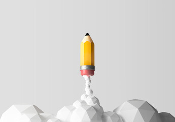 Start up concept. Pencil launching like toy rocket. Business success background design concept.  - 519971461