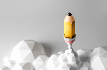 Start up concept. Pencil launching like toy rocket. Business success background design concept.  - 519971462