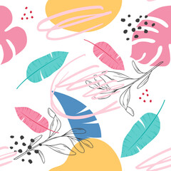 Seamless summer pattern. Vector. tropical leaves. Seamless wallpaper. On a white background.