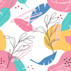 Seamless summer pattern. Vector. tropical leaves. Seamless wallpaper. On a white background.