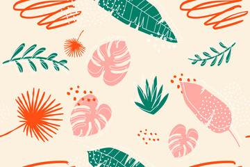 Abstract tropical background. For the design of cards, posters, postcards and banners. Hand drawn doodle elements: dots, circles, doodles.