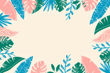 Abstract tropical background. For the design of cards, posters, postcards and banners. Hand drawn doodle elements: dots, circles, doodles.