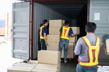 5 men Warehouse worker open doors steel 40 feet container and help carry box one by one supervisor...
