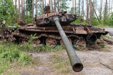 Russian tank destroyed on roadside in invasion of Ukraine, 2022