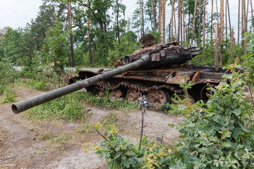 Russian tank destroyed on roadside in invasion of Ukraine, 2022
