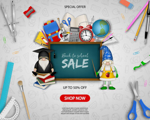 Back to school poster with funny gnomes and school supplies. back to school sale background	