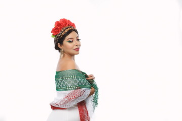 Mexican woman with scarf and tricolor make-up wearing white dress . Woman with scarf and makeup with the colors of the Mexican flag. White background.