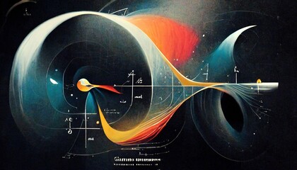Scientific concept Quantum mechanics, formula, curvature of space-time in a gravitational field, black hole, elements of theoretical physics. Futuristic quantum background. 3d artwork - obrazy, fototapety, plakaty