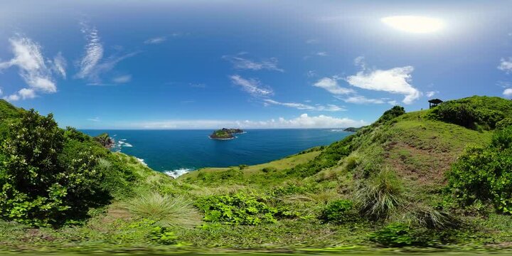Island and blue ocean. Palaui island, Cape Engano, Dos Hermanas island. Philippines. VR 360.