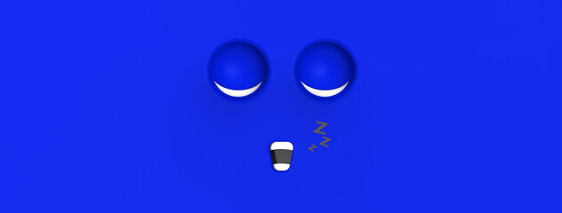 Blue face of sleeping cute character. Cute face. relaxation. sleep and rest. Horizontal image. Banner for insertion into site. Place for text cope space. 3d image. 3D rendering.