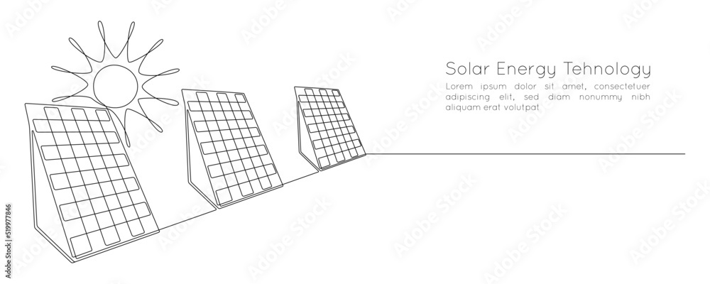 Poster One continuous line drawing of Solar panel with sun. Green clean energy in simple linear style. Renewable and sustainable resources web banner. Editable stroke. Doodle vector illustration