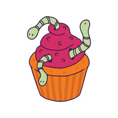 Hand drawn cupcake with pink cream and worms. Sweet horror. Halloween picture. Vector clipart in cartoon style. Illustration isolated on white background.