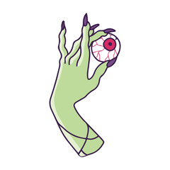 Hand drawn witch's hand holds an eye. Sweet horror. Mystic green female hand. Halloween picture. Vector clipart in cartoon style. Illustration isolated on white background.
