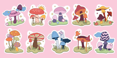 Set stickers magic hallucinogenic mushrooms. Fantasy cute elements. Retro cartoon mushrooms on the grass. Abstract modern design. Hippie style. Vector flat illustration on an isolated background.