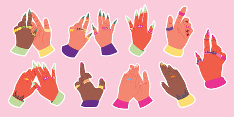 Fototapeta na wymiar Set stickers human hand with a bright manicure. Different genders. Cartoon modern clipart. Contemporary element for your design. Vector illustration hand-drawn on a white isolated background.
