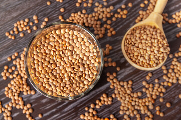 top view of a glass of lentils soaked in water