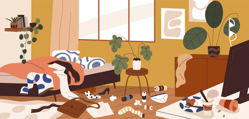 Messy dirty untidy chaotic home room. Mess, dirt, chaos in house interior. Disorder, scattered stuff, trash, clothes clutter lying around on floor in apartment. Colored flat vector illustration - obrazy, fototapety, plakaty