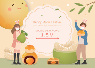 Friends family with medical masks, celebrating mid-autumn festival, traditional food moon cake with pomelo and moon, keeping social distance