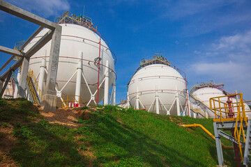 White spherical propane tanks containing fuel gas industry