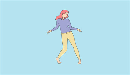 Vector Illustration happy single woman dancing from the front view in Flat cartoon style