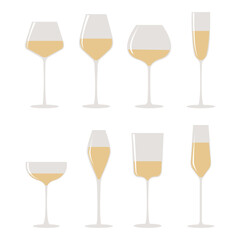 White wine set. Glasses. Vector illustration with alcohol drinks concept. Isolated on white background