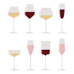 Wine set. Glasses. Vector illustration with alcohol drinks concept. Isolated on white background