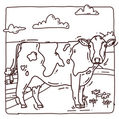 coloring book with cow and farm background