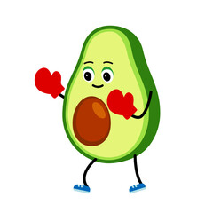Cute Avocado character does boxing sports. Cartoon Happy avocado at a sports workout.