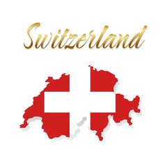 Switzerland map vector on white background with golden text. Flag and map of Switzerland. Switzerland flag on map isolated, symbol of Switzerland, template for banner, advertising, commercial.