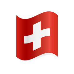 Switzerland, vector flag with waves and bends waving in the wind on a white background. Flag of Switzerland