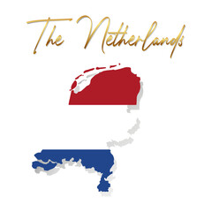Netherlands map flag vector design on white background. Silhouette country borders map of Netherlands with golden text on national flag background of vector illustration.