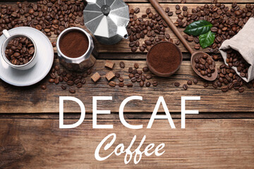 Flat lay composition with decaf coffee beans on wooden table - obrazy, fototapety, plakaty