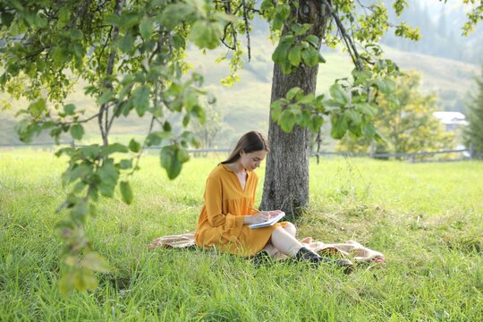 Beautiful young woman drawing with pencil in notepad on green grass near tree