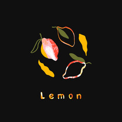 Ripe whole lemon with leaves in abstract style. Tropical vector illustration for local farms, restaurants, menus, t-shirts and more. Background with lettering organic lemon.