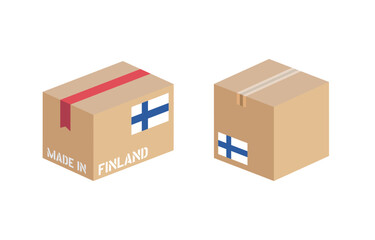 box with Finland flag icon set, cardboard delivery package made in Finland