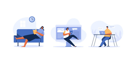 Freelance people work in comfortable conditions set. Work life balance. Flat character Illustration