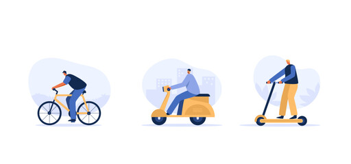 Young man riding a bicycle, electric scooter, motorcycle. flat character illustration
