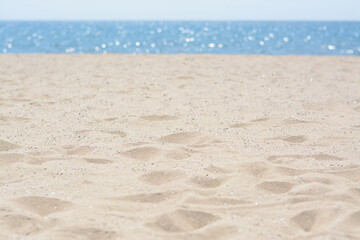 Fototapeta na wymiar Sandy beach near sea on sunny day, closeup