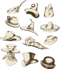 Set of different hats top hat, medieval hats, cowboy hat, Tyrolean hat, fedora, straw hat and more. Engraving style. Isolated illustration on a white background. All items are separate.. - obrazy, fototapety, plakaty
