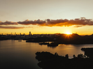 Aerial view of beautiful sunset landscape in shenzhen city, China