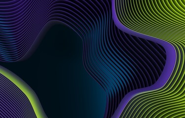 Bright abstract background with multi-colored lines, smoothly twisting lines, highlighted in green and purple, 3d render